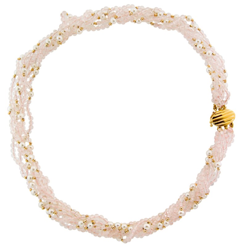 Κολιέ με Pink Quartz, μαργαριτάρια και χρυσά στοιχεία - 116274