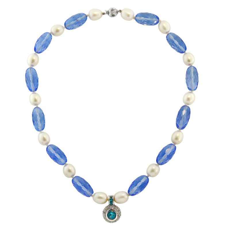 Κολιέ με Blue Topaz, μαργαριτάρια και λευκόχρυσα στοιχεία Κ18 - 117935