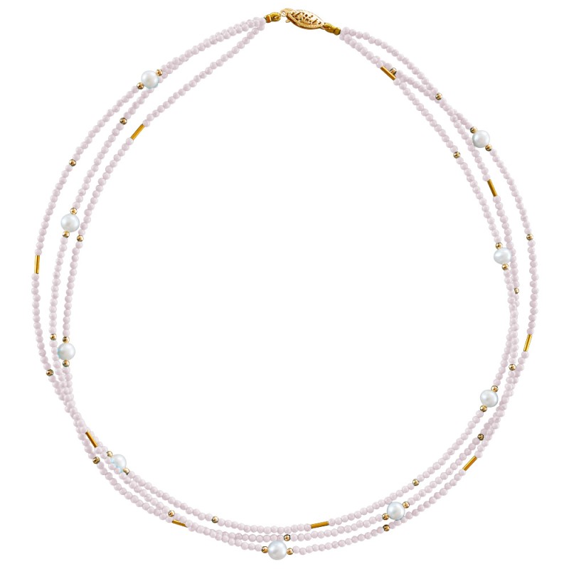 Κολιέ με pink quartz, μαργαριτάρια και χρυσά στοιχεία Κ22 - 122605PQ