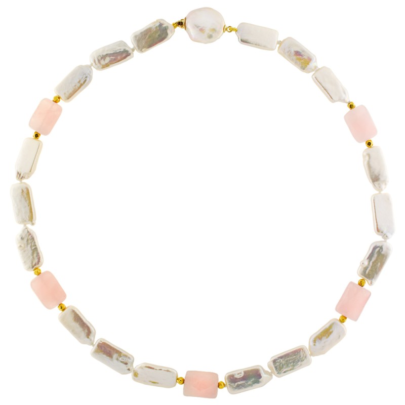 Κολιέ με λευκά μαργαριτάρια, pink quartz και χρυσά στοιχεία Κ18 - 122728